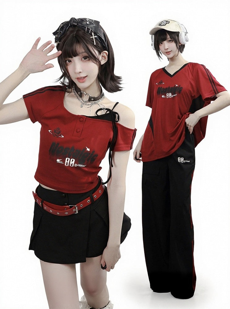 Red & Black Asymmetrical Shoulder Tee with Letter Print - PINK SAVIOR
