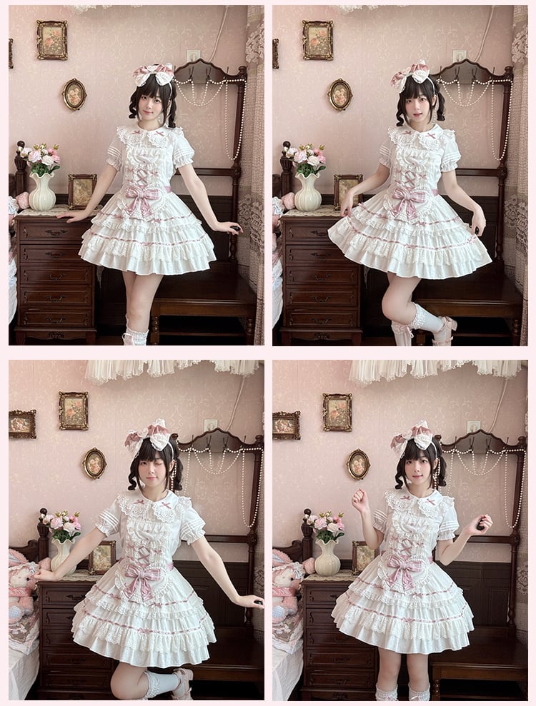Decorated Self-tie Bow Sweet Lolita White Heart Apron and Pink