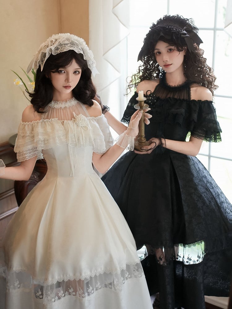 Halfter Stoff Rosette Volles Set Illusion Kleid Jacquard Eleganter weißer Hals