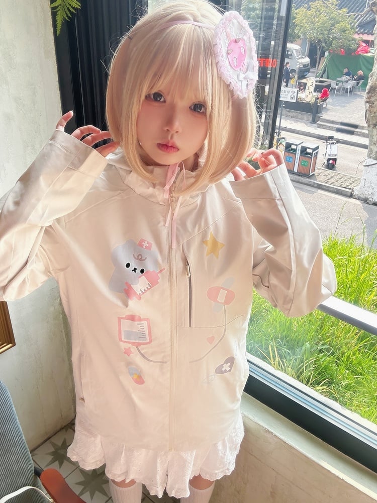 Kawaii Yami Windbreaker Beige Print Jacket Doctor Cat Hood Drawstring with