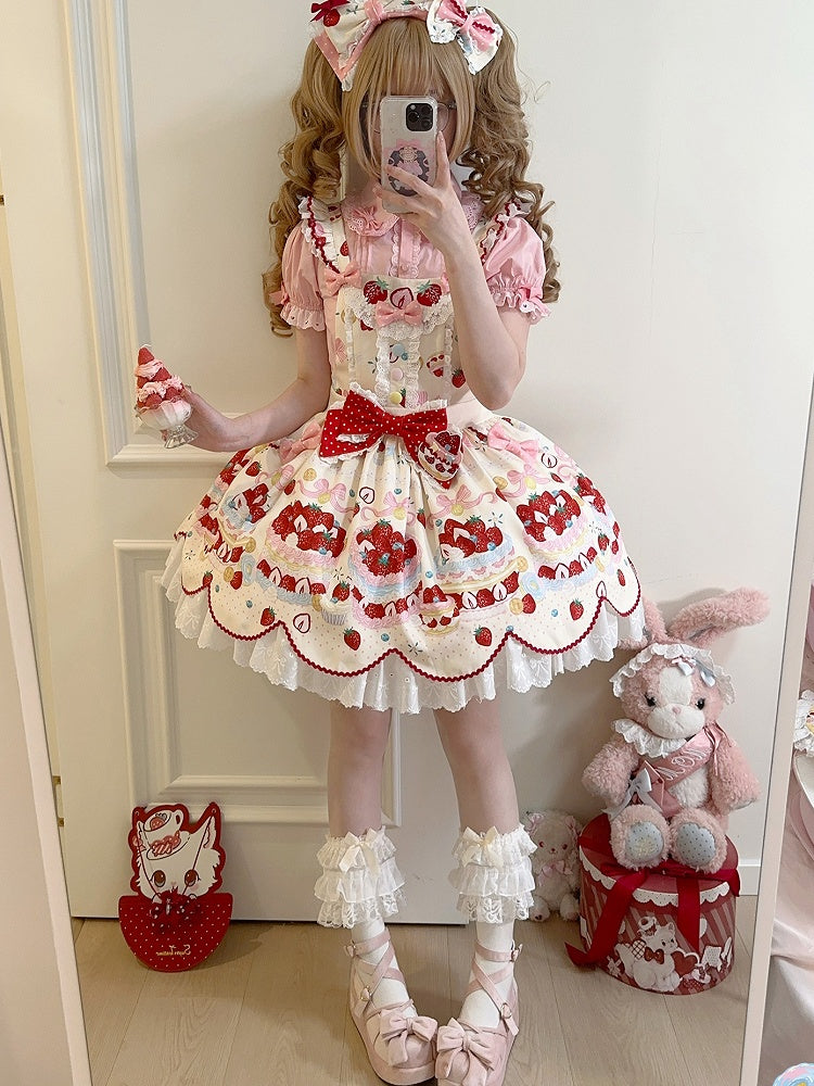 Erdbeerdessert Süßer Print Lolita und Kleid Cremefarbener Overall Weiß
