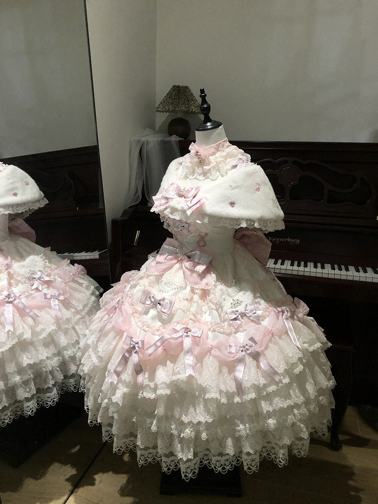 Shimmer Hime Set OP Lolita Decorated Bows Princess Pink Layered Full Dress