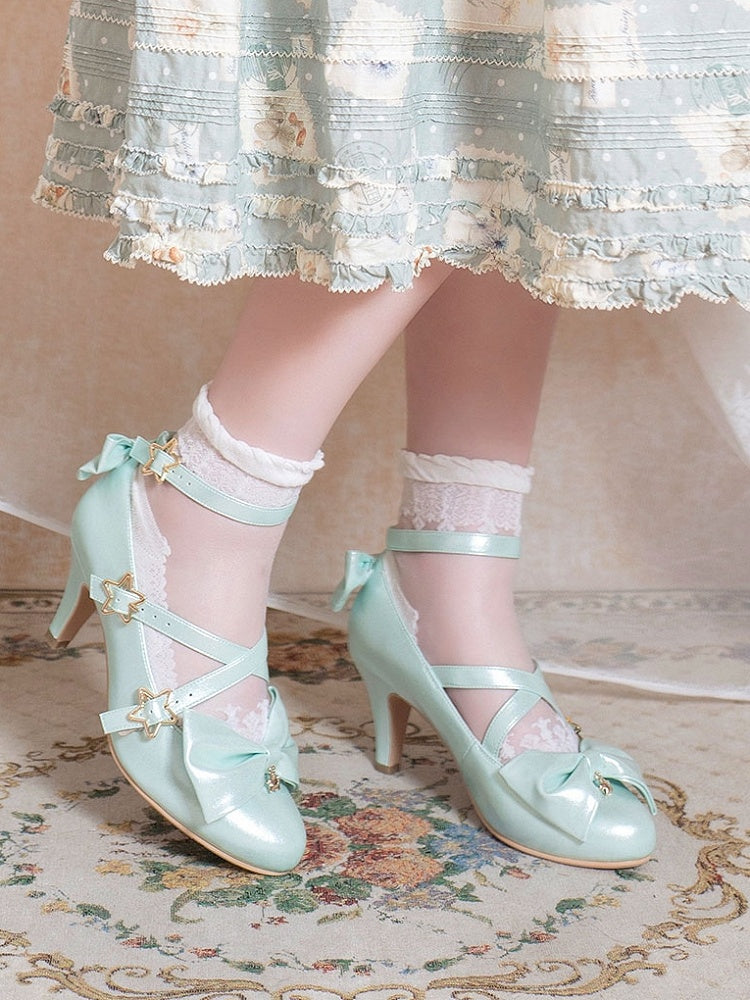 Straps - Sweet 6.5cm Bow Lolita Crisscross with Star Buckle Style Heel Shoes Green Accents
