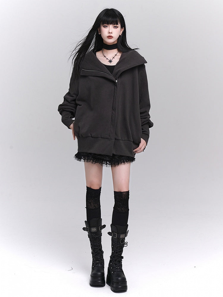 with Gothic Dark Ribbed Front Details Zip-Up Gray Fleece-Lined Jacket Hooded