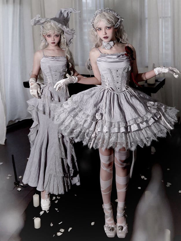 Gothic Witch Lolita Layered Skirt in Silver Gray with Drawstring Detail - With PUJI