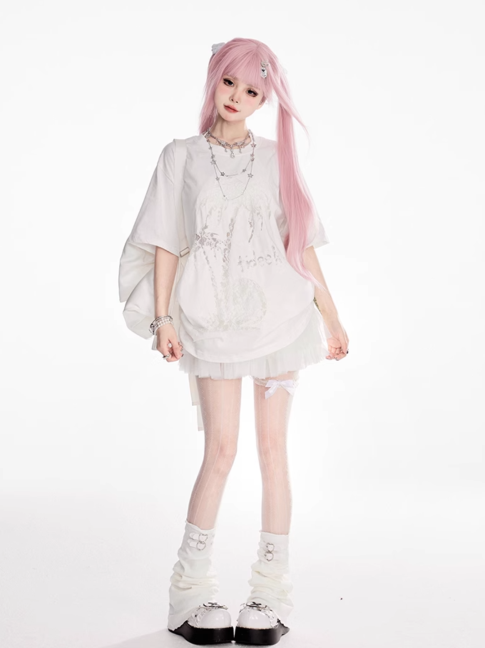 T-shirt Coconut Tree Print White Round Neck Tonal