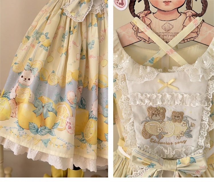 Lemon Yellow Lolita Sleeves Print Sweet Short Dress Teddy and