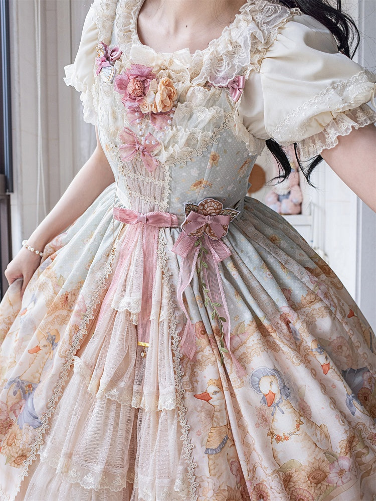 Light Print Jumper Sunflowers Sweet and Skirt Farm Green Lolita Ducks