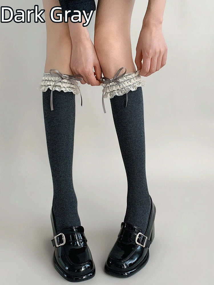 Ribbed Bow Stockings (4 Lace Colors) Ruffle
