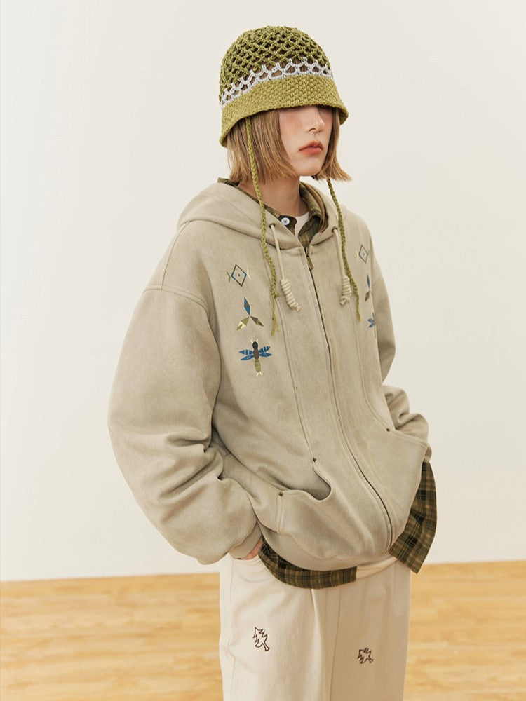 Beige Trim Hoodie Drawstring Print with Hood Ribbed Vintage