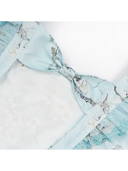 Green Flutter Sleeve Floral Embroidery Bow Lolita Overlay Dress with Lace - Yimu Walnut