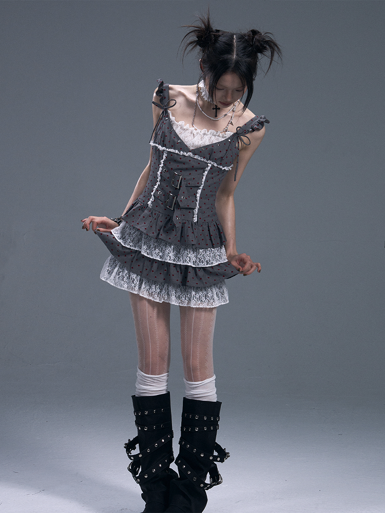 Pleated Slip Dress With Red Heart Polka Dots Lace Accents Grey Tiered