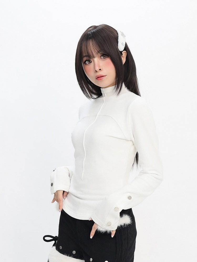 Neck Daily Sleeve Kawaii Studded with White Mock Long Design Top Accents