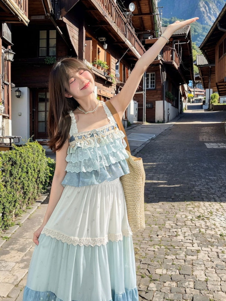 Dye Tie Blue Skirt Design Tassel Hem Shell Charm Patchwork Trim Lace