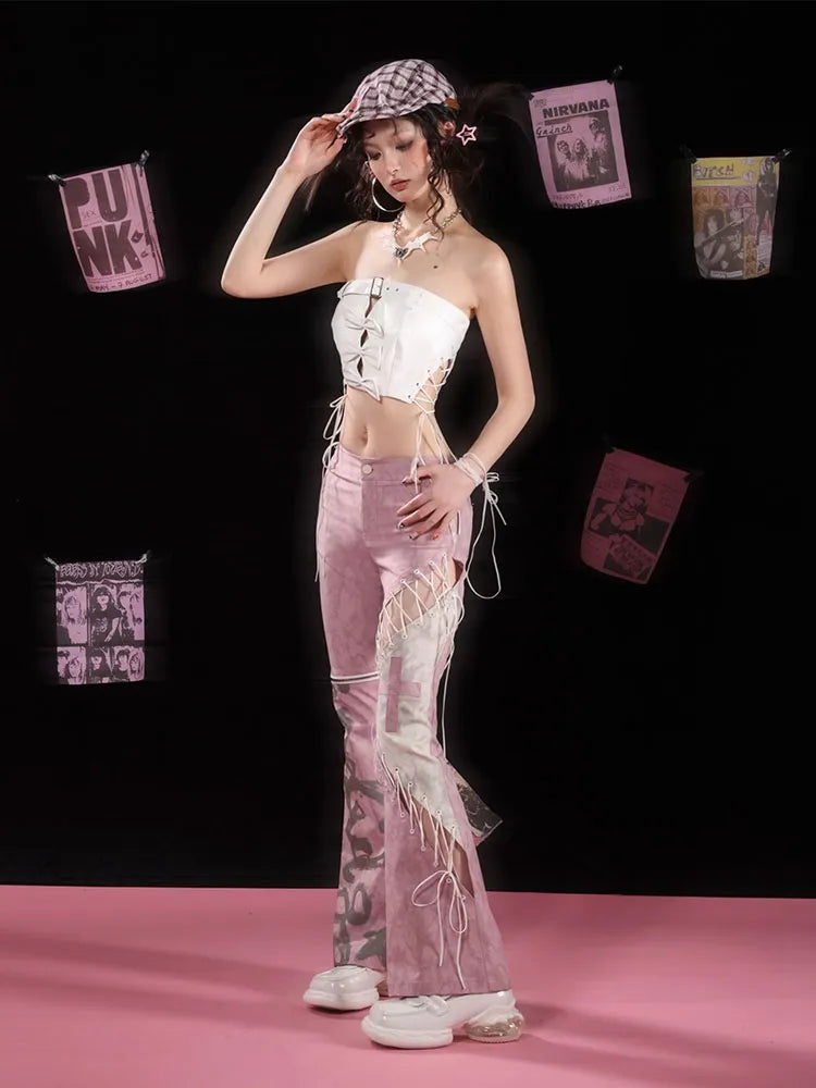 アシンメトリーフレアディテールピンクパンツレースアップダスティ