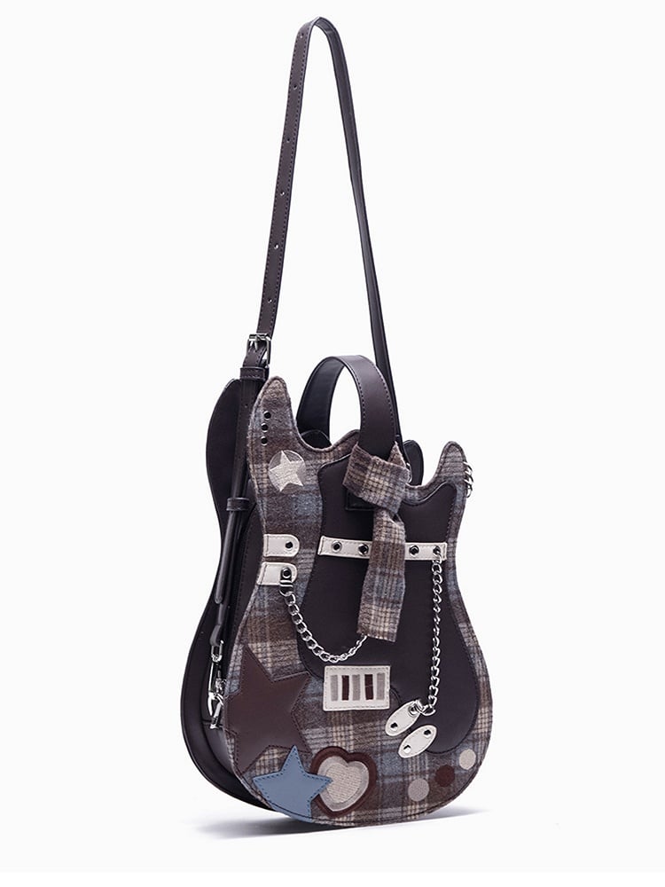 Guitar-shaped Sweetheart Brown Star Embroidered Design Plaid Bag