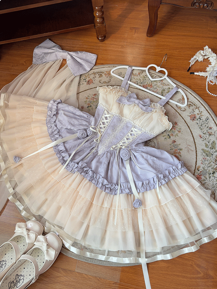 Zug Beige und Lila Großes Korsett Sweet Lolita Balletcore Kleid Taille Schnürung mit Schleife JSK