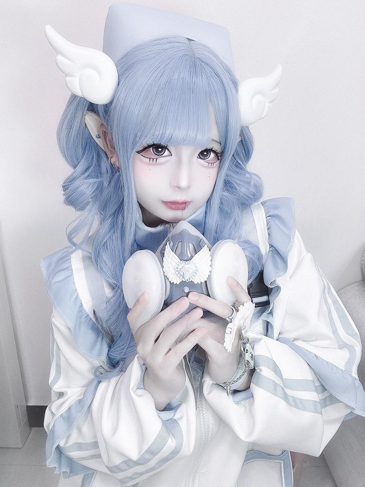 エアウィッグ付き 70cm 長さ 前髪 ウェーブ ブルー