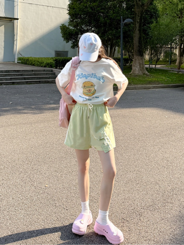 ショートパンツ グリーン ドローストリングウエスト カジュアル スポーツ