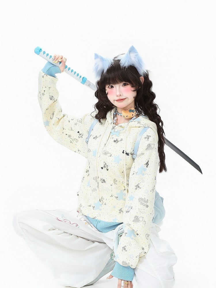 Closure Apricot/Green Zipper with Kawaii Daily Hoodie Jacket