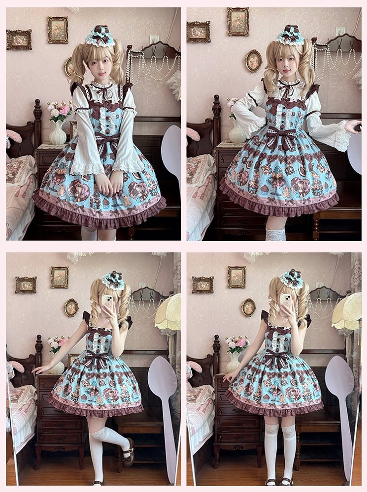 Lolita Dress Sleeves Vintage Teddy Bear Print Sweet Flutter Mint Green JSK
