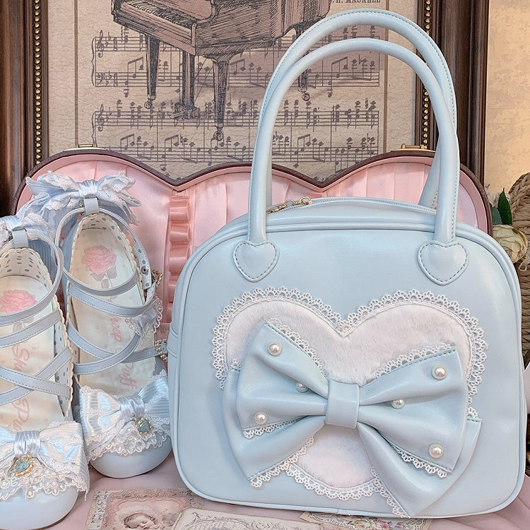 Heart Lolita Sweet Hand Plush Decorated Bowknot Blue Beaded Bag