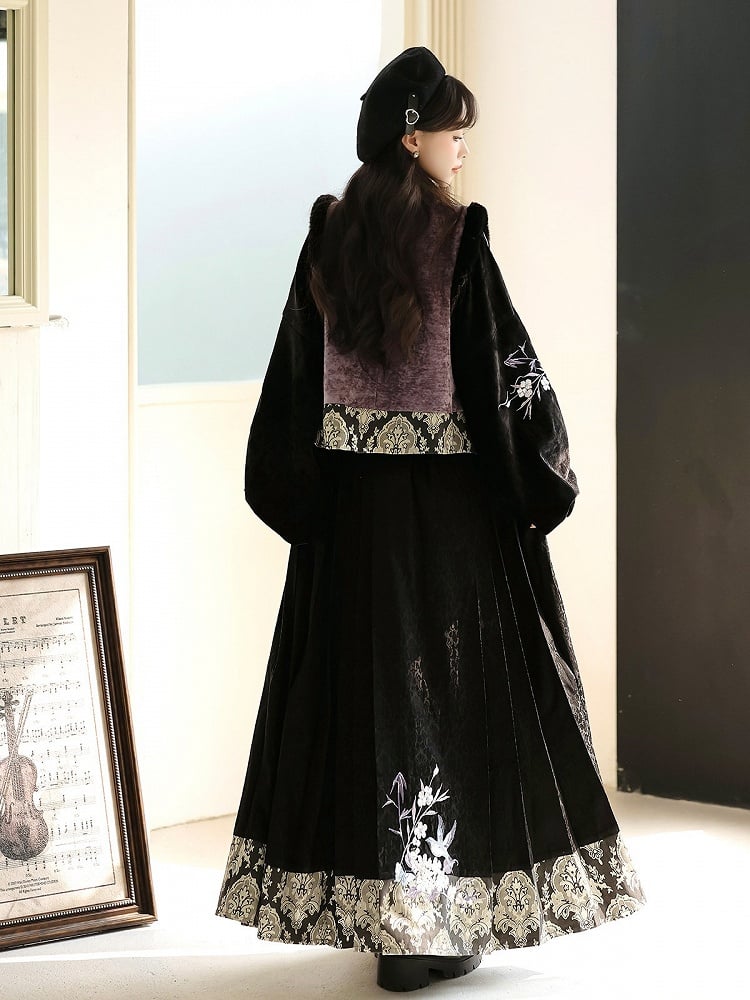 Oriental Embroidered Floral Blouse in Black & Purple with Fuzzy Trim Vest and Pleated Skirt - Han Ru Chu Hanfu & Han-Element Studi