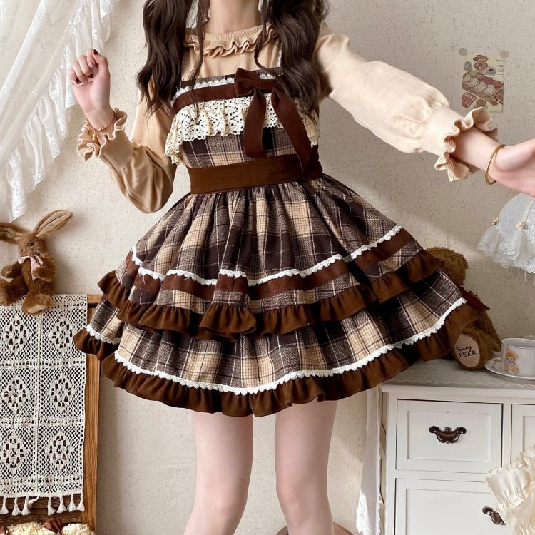 Braunes Lolita-Kleid mit Karomuster und hoher Taille, Herbst- und Winter-Lolita-Pulloverrock