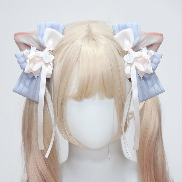 Hairclips Ribbon and Heart with Blue Pink Striped Streamers/Cat Charms Lolita Ear Bow