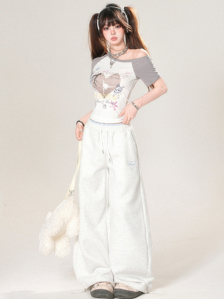 Stickerei Hell Weites Bein Grau Und Schnitt Buchstabenhose Trim Herz Spitze