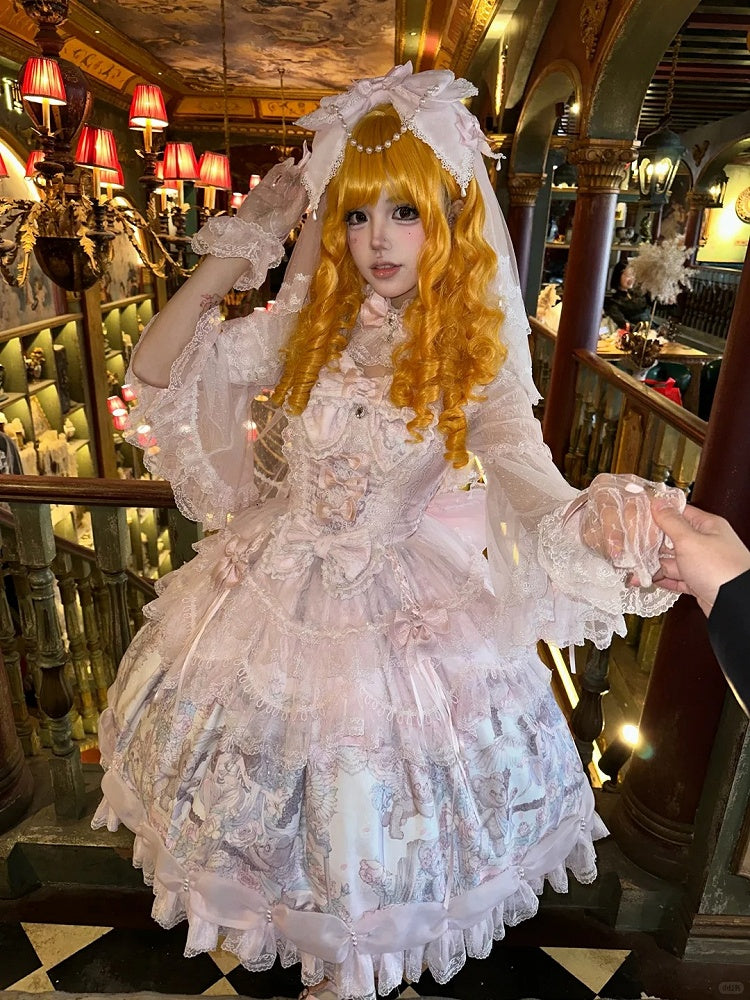 with Dress Hem Sleeves Bell Bear Lolita Angel Ribbon Pink Print Sweet