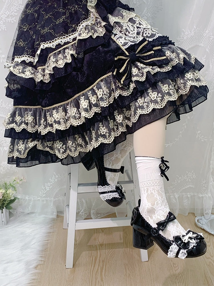 Cherry Blossom Round Toe Black Lolita Shoes with Lace & Bow - Hazelnut Bear