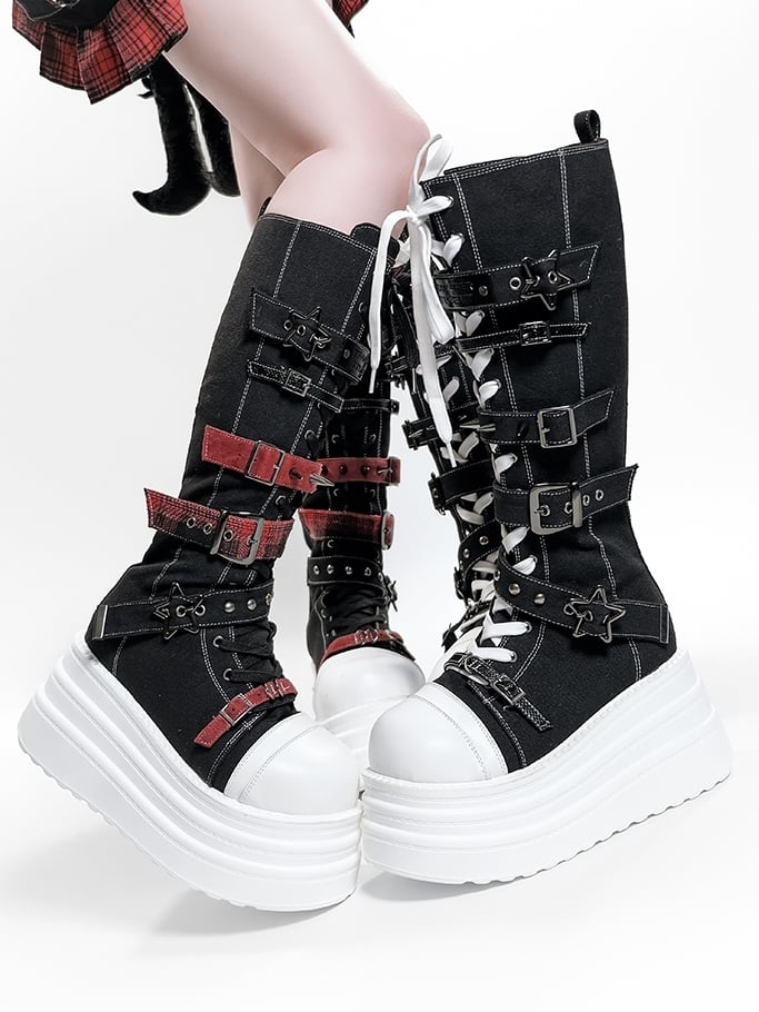 Y2K Canvas Punk Buckle - Black Platform Knee-Highs