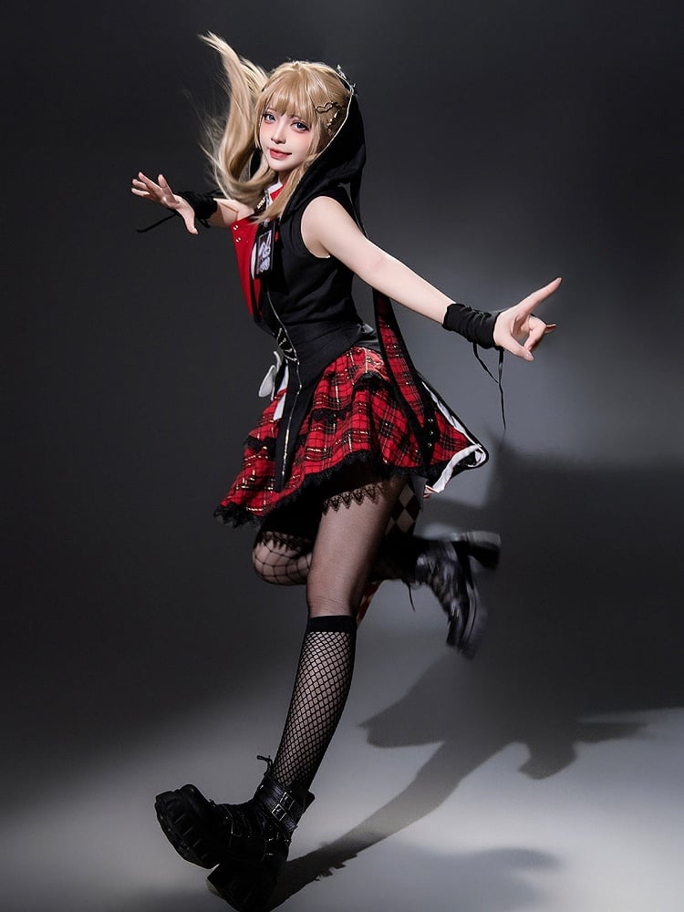 Plaid Lolita Skirt in Red and Black with Lace Details - Xiong Dou Jiang
