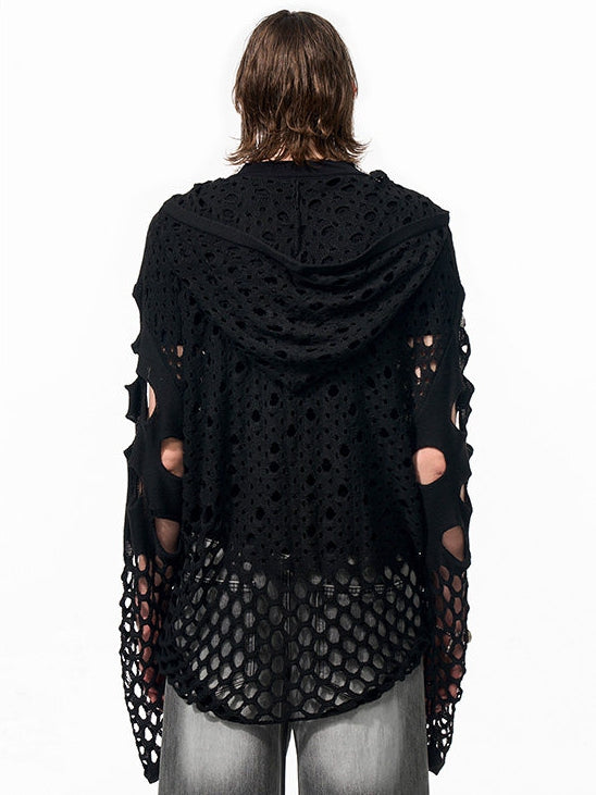 Hoodie Men's Knit Hollow-out Bead with Black Embellishments