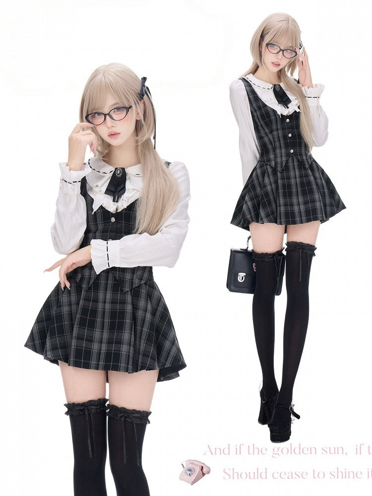 Preppy White Ruffled Peter Pan Collar Long Sleeve Shirt with Bow Tie - serendipity