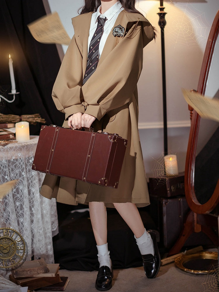 Balloon Sleeves Khaki Coat Long Hooded Preppy