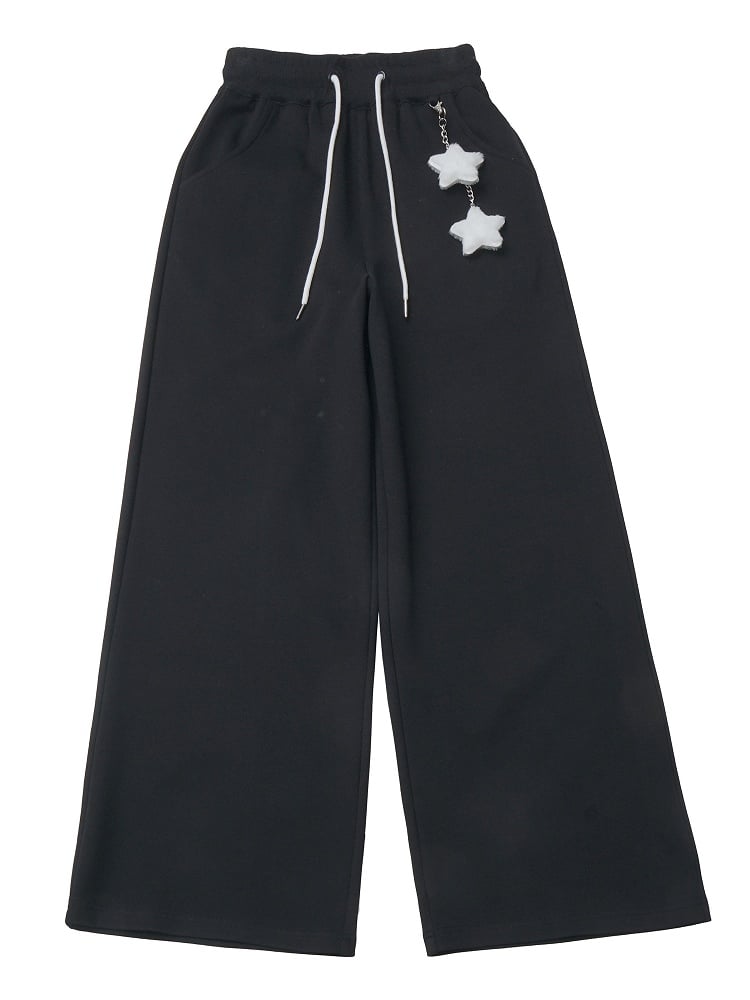 Waist Drawstring Version Straight-Leg Accent Lining with Star Pants Black/Gray CharmWing Regular/Fleece