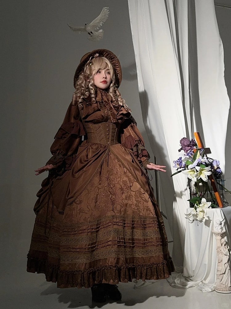 Lolita Brown Bust with Under Waist Embroidery Dress Detail Gothic Boned