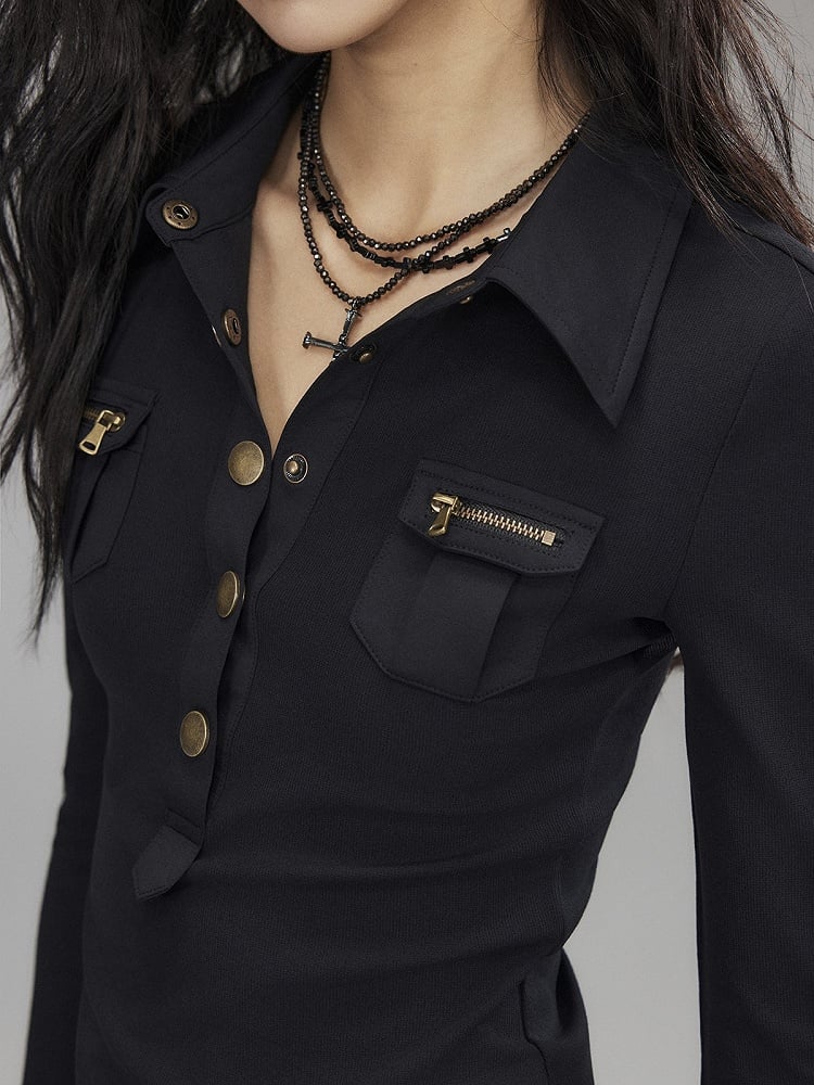 Button Knit Cuffs Black - Shirt Sleeve Long Slim-fitting