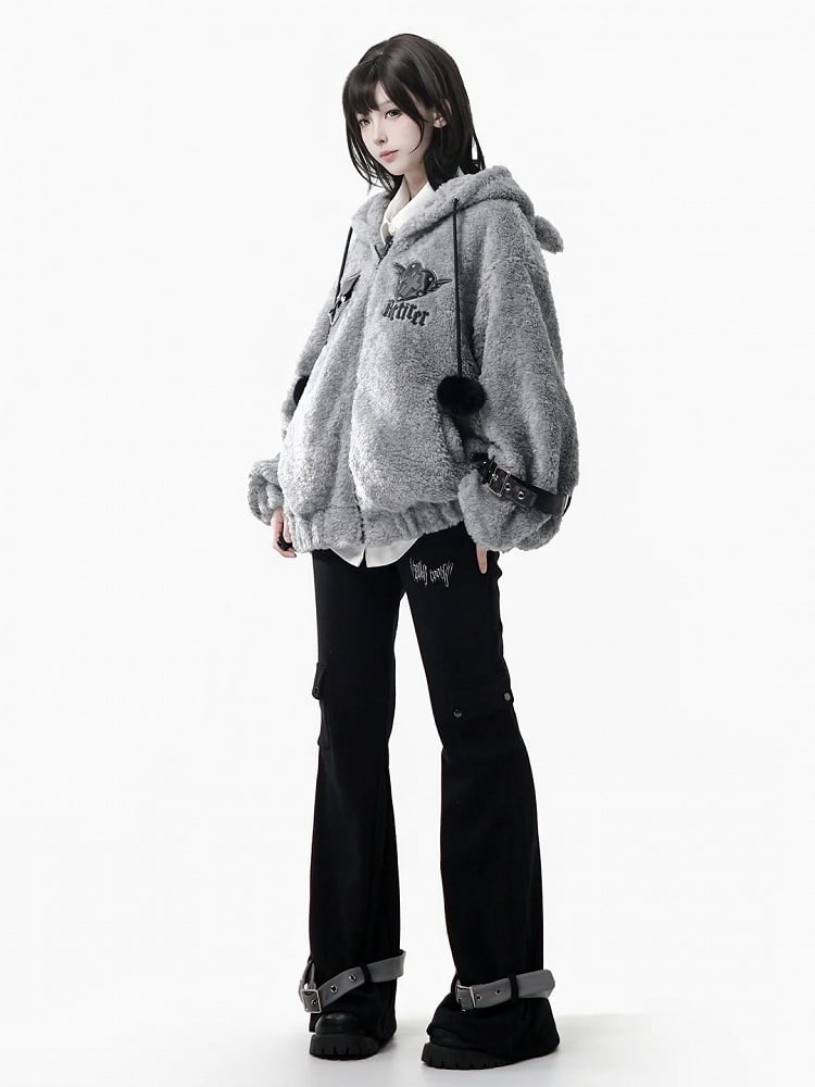 Waist Elastic Drawstring Black Pants Flare - with Silhouette Covered