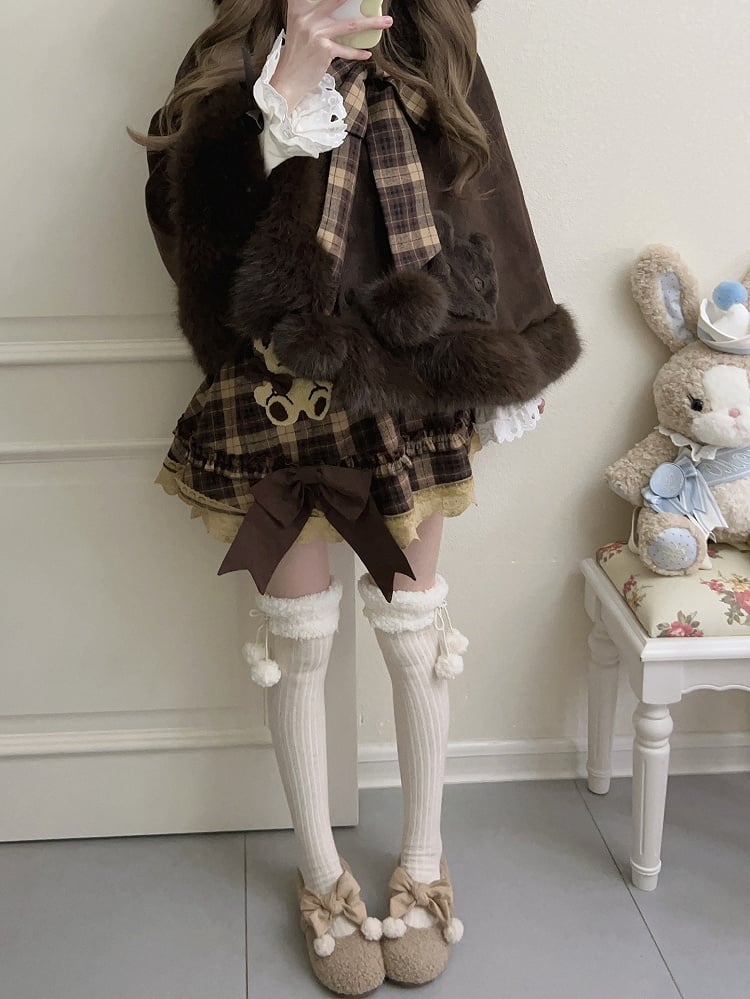 Sleeves Kawaii Soft Brown Plaid Dress Flutter with