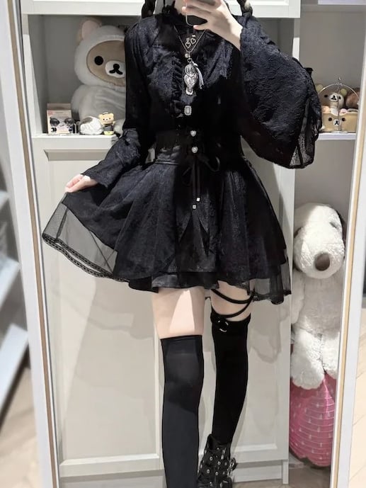 Neckline Sleeves Jirai Blouse: Illusion with Dark Kei Trim Black Lace and Bell