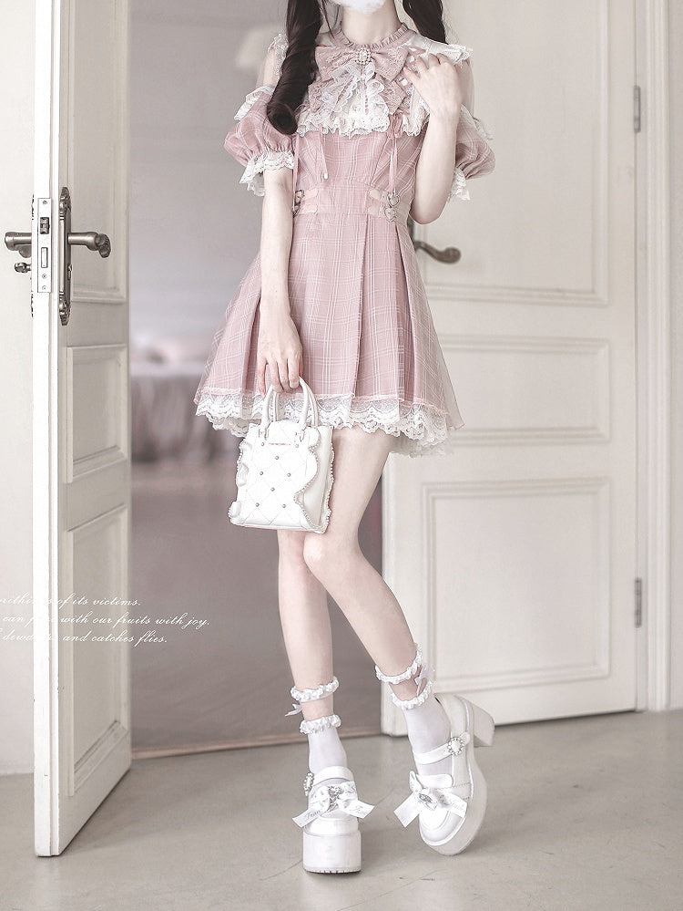 Cutout Neck Kei with Pink Lace Plaid Lace-up Dusty Jirai in Style White Shoulder Dress Details