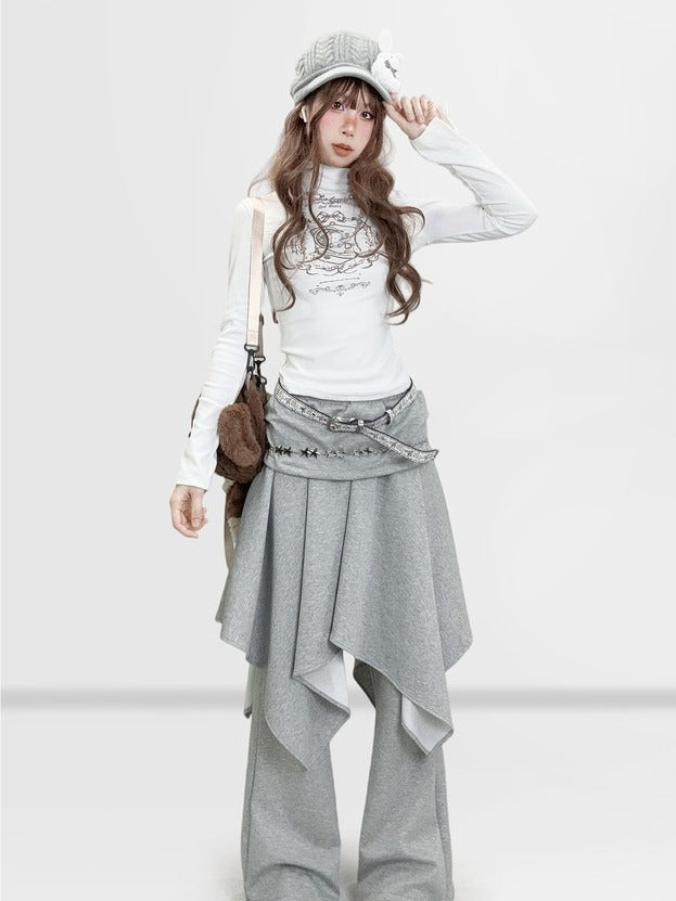 Y2K Neck Sleeve Velvet Pattern Mock Bear With Long T-Shirt White