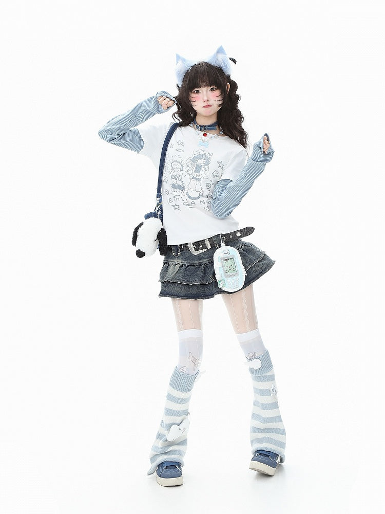 Cartoon Print Long Top Vibes: Otaku Striped Faux Sleeve Two-Piece White/Gray Cozy