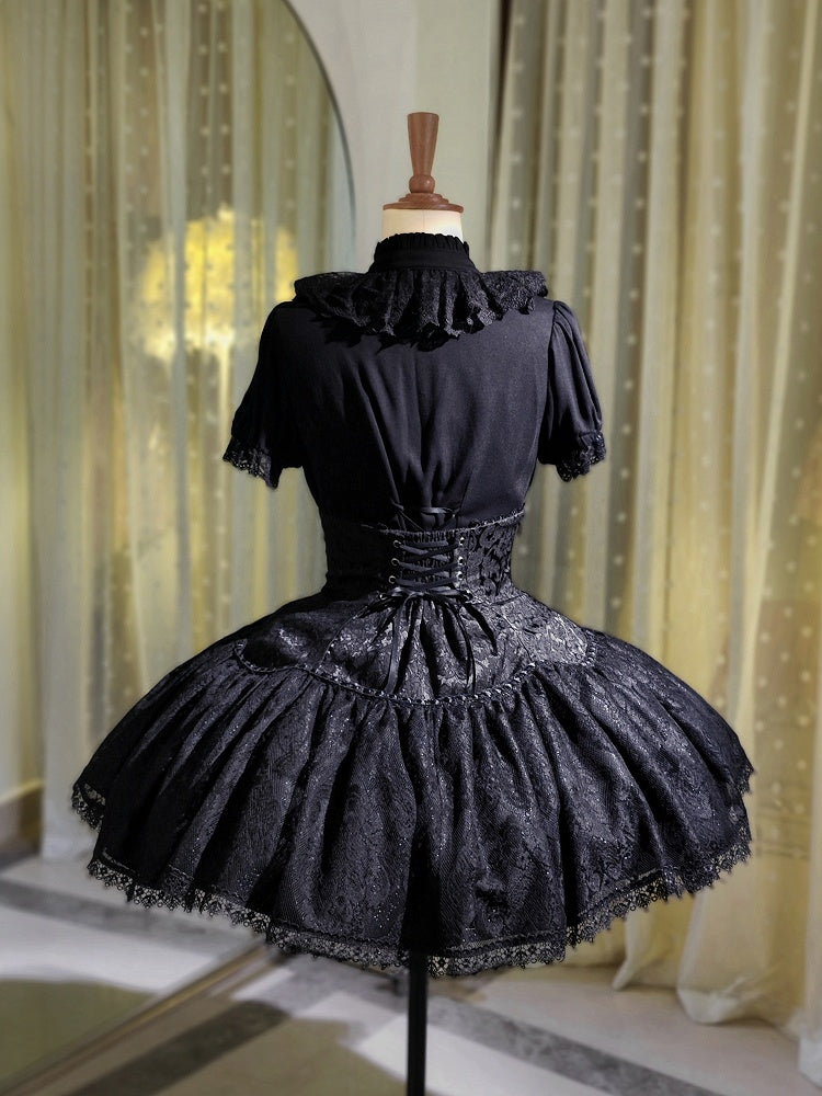 Ruffle Shirt Sleeves Neckline Gothic Kuro Lolita Black Short