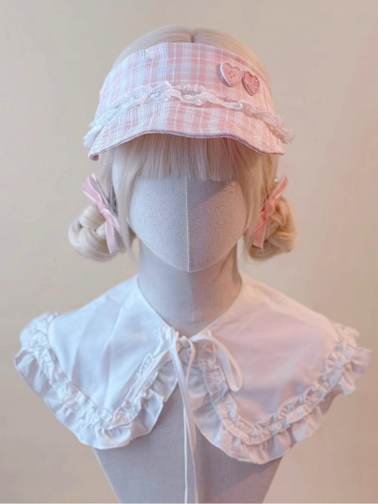 Lace Heart Cap Buttons Visor Pink and Plaid Adorned with