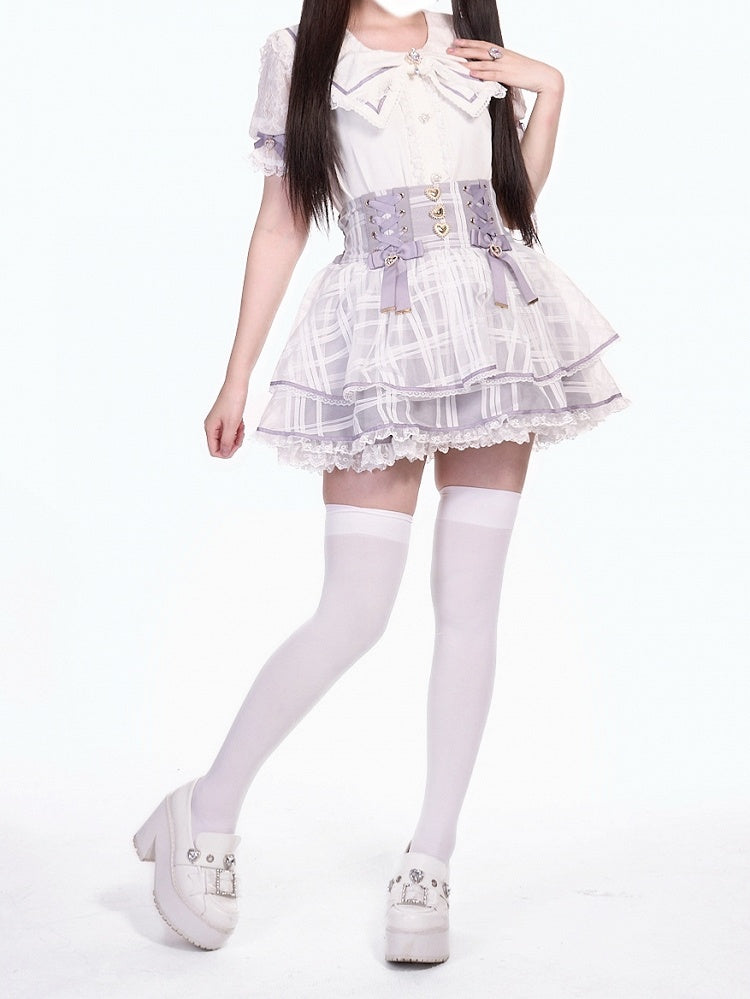 High Purple Plaid with Layer Lace-up Waist Jirai Triple Organza Skirt Detail Kei