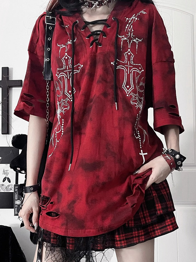 Hood Sleeve Tie-Dye Cross Hoodiewith Gothic PrintDevil Short Horn RedBlack